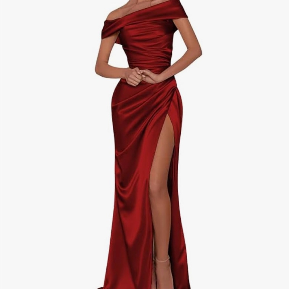 red satin off shoulder lace up floor length formal dress